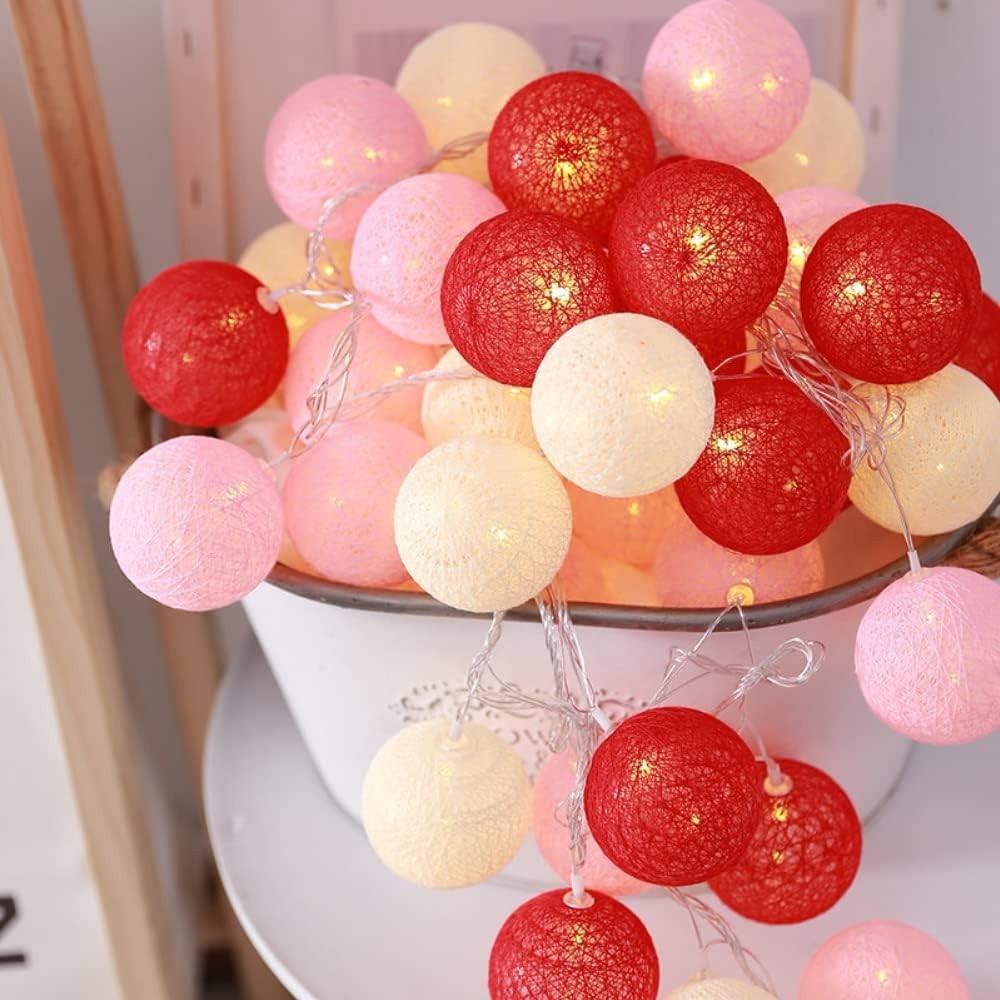 3M 20LED Cotton Ball LED String Light Battery Powered Christmas Decorative Lights - Pink+red