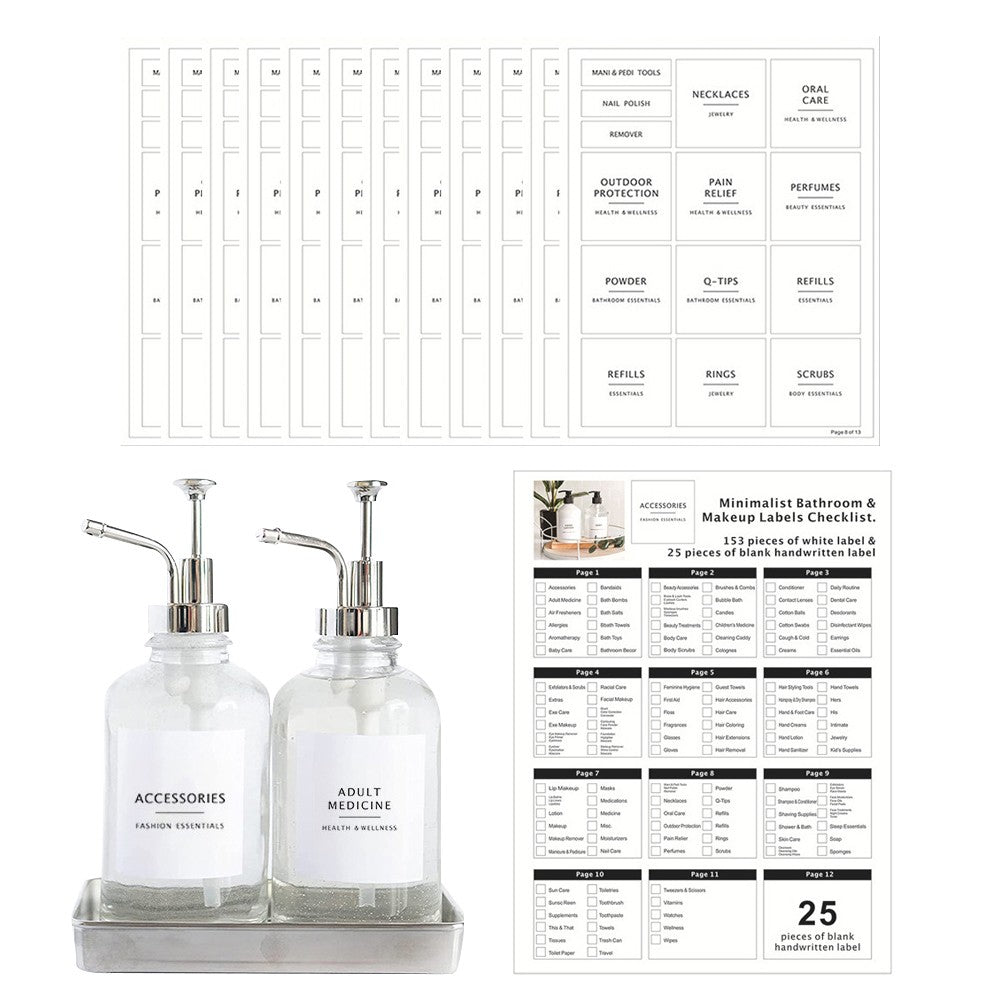 178Pcs Bathroom Bottles Label Set Water-resistant Shampoo Bottle Stickers Soap Dispenser Label
