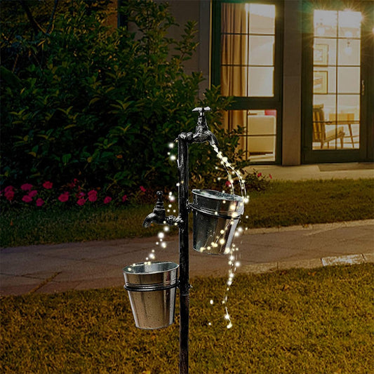 2 X Solar Faucet LED Light with 2 Planters Retro Metal Faucet Garden Stake Lamp Outdoor Yard Lawn Decoration