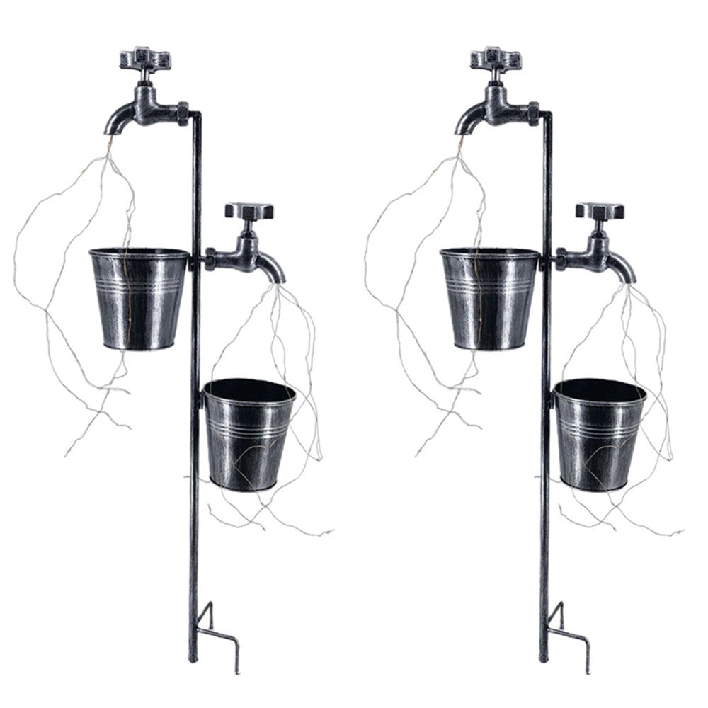 2 X Solar Faucet LED Light with 2 Planters Retro Metal Faucet Garden Stake Lamp Outdoor Yard Lawn Decoration