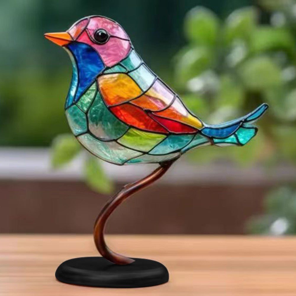 Double Sided Stained Bird On Branch Desktop Ornament Metal Birds Figurine Home Decor Style 1