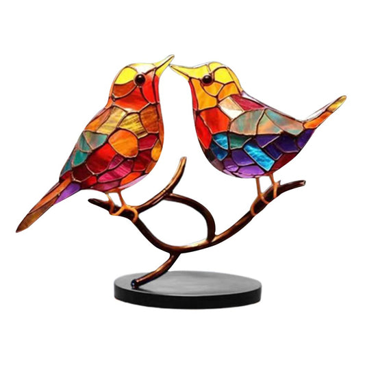 Double Sided Stained Bird On Branch Desktop Ornament Metal Birds Figurine Home Decor Style 2