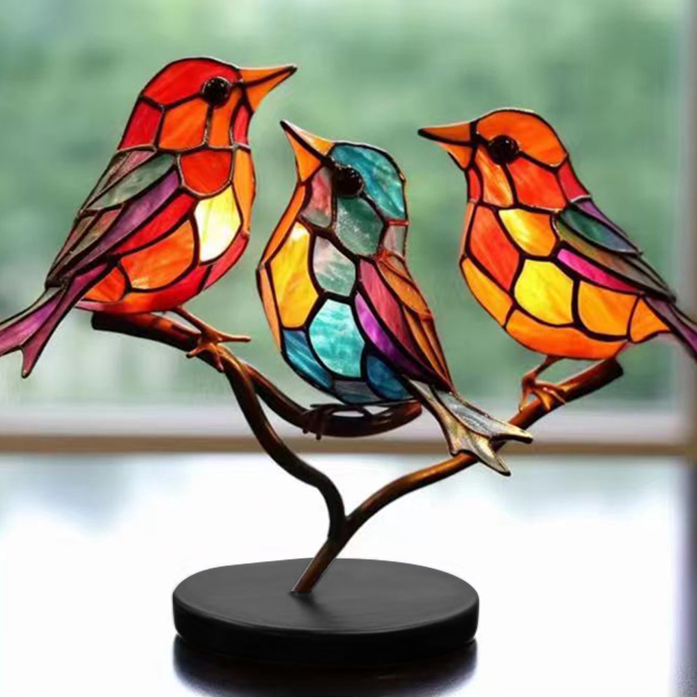 Double Sided Stained Bird On Branch Desktop Ornament Metal Birds Figurine Home Decor Style 3