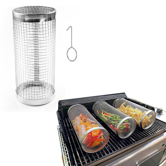 30cm BBQ Grill Basket Stainless Steel Rolling Grilling Basket Grill Roaster