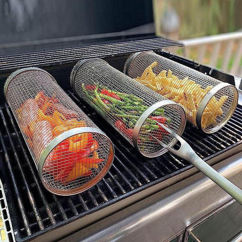 20cm BBQ Grill Basket Stainless Steel Rolling Grilling Basket Grill Roaster