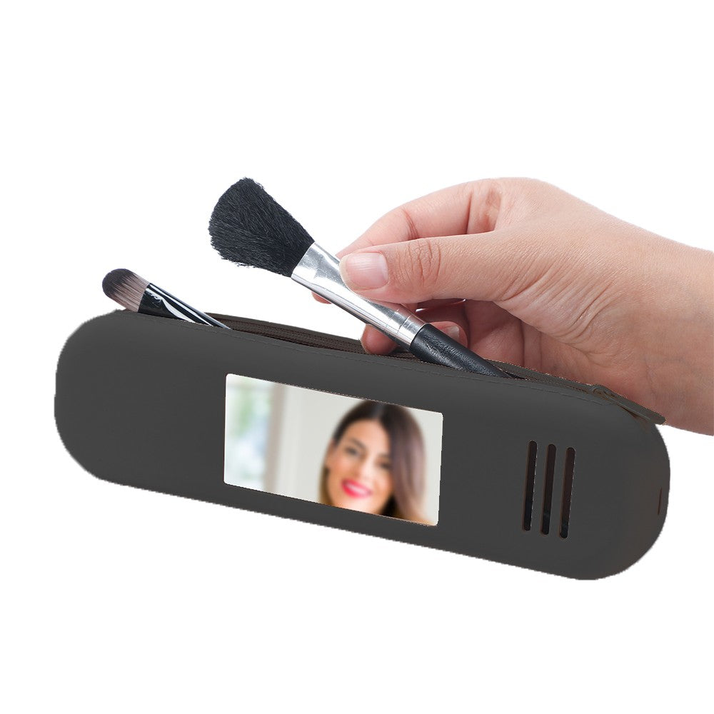 Portable Makeup Brush Holder Travel Eyebrow Pencil Storage Bag with Mirror Black