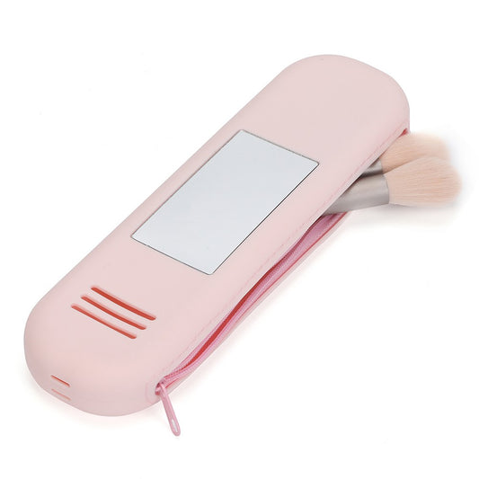 Portable Makeup Brush Holder Travel Eyebrow Pencil Storage Bag with Mirror Pink
