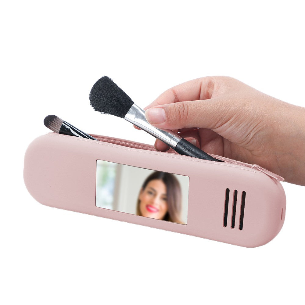 Portable Makeup Brush Holder Travel Eyebrow Pencil Storage Bag with Mirror Pink