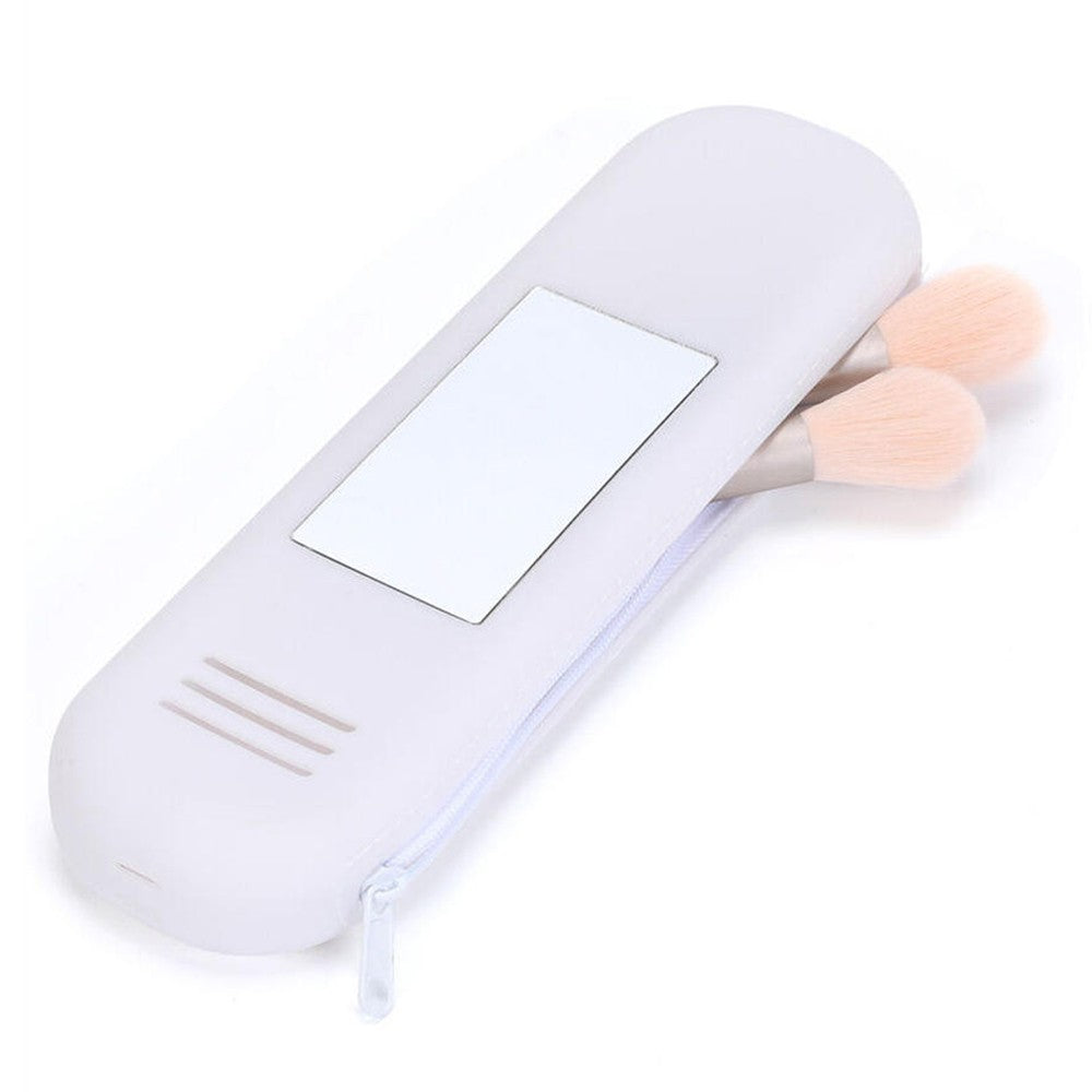 Portable Makeup Brush Holder Travel Eyebrow Pencil Storage Bag with Mirror White