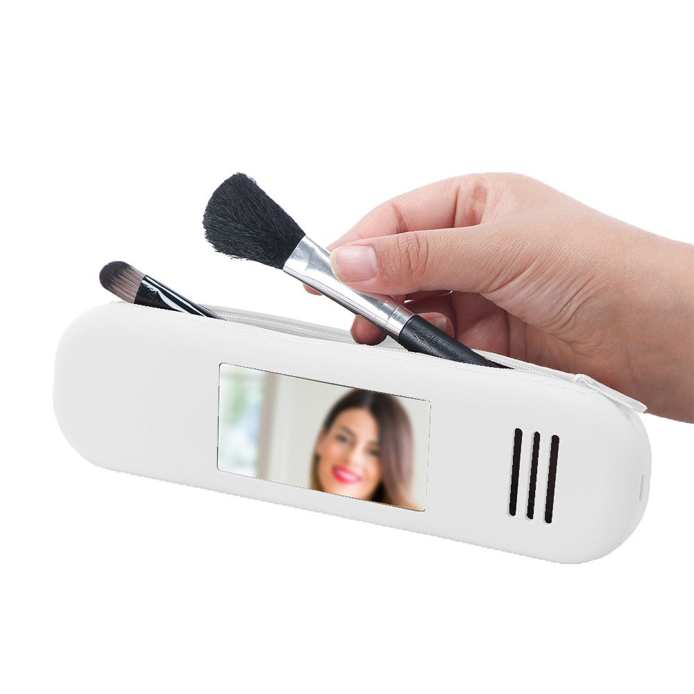 Portable Makeup Brush Holder Travel Eyebrow Pencil Storage Bag with Mirror White
