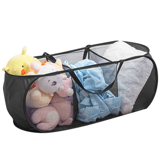 3-Compartment Popup Laundry Basket Collapsible Mesh Clothes Storage Basket Black