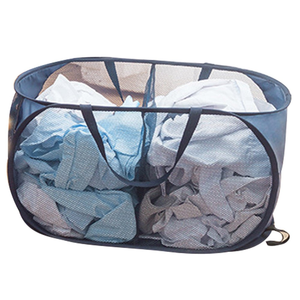 2-Compartment Popup Laundry Basket Collapsible Mesh Clothes Storage Basket Navy