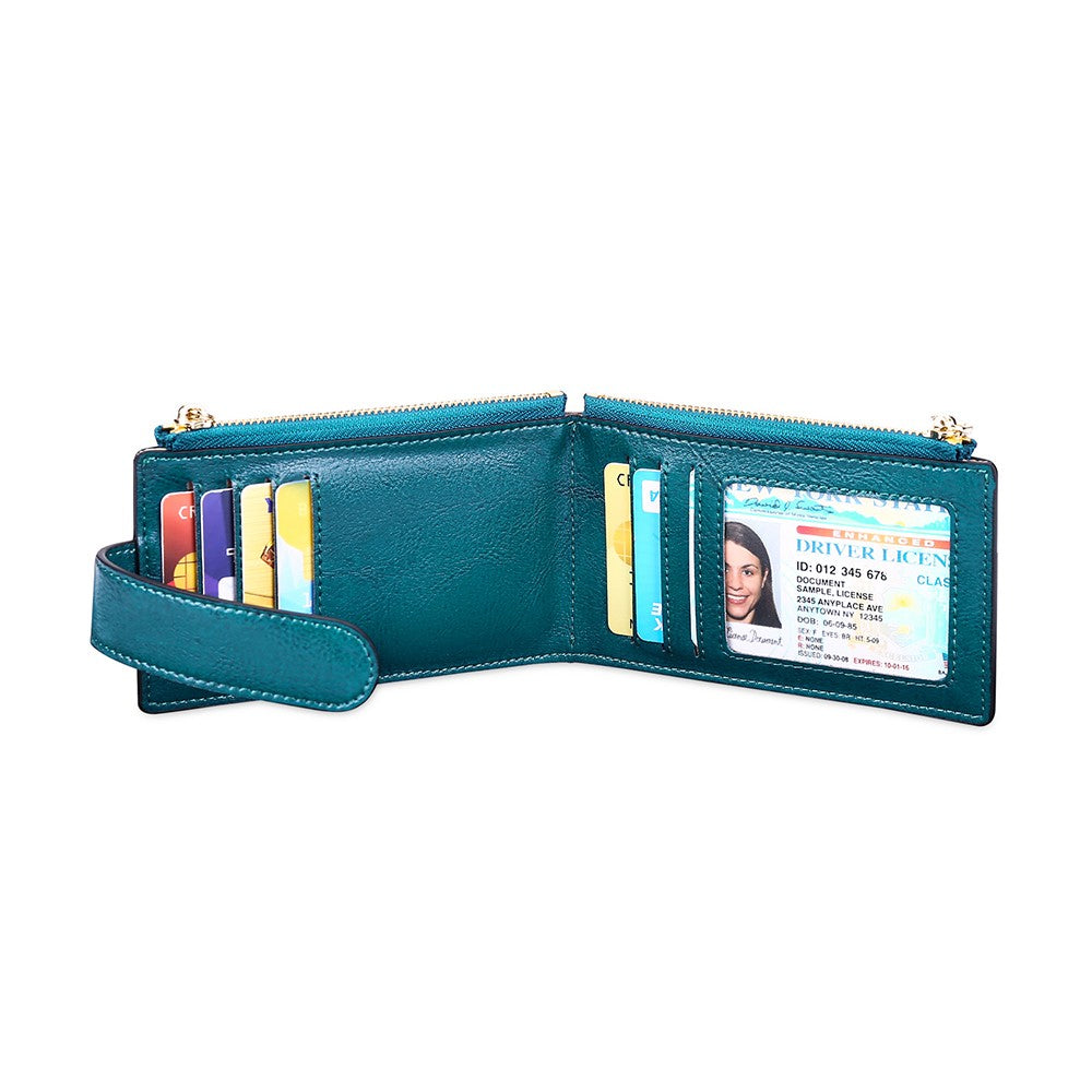 Womens RFID Blocking Wallet with AirTag Slot Bifold Credit Card Holder Peacock Blue