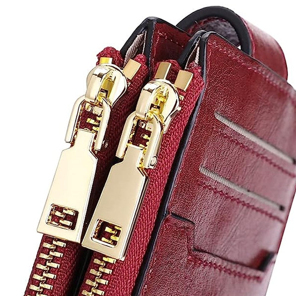 Womens RFID Blocking Wallet with AirTag Slot Bifold Credit Card Holder Wine Red