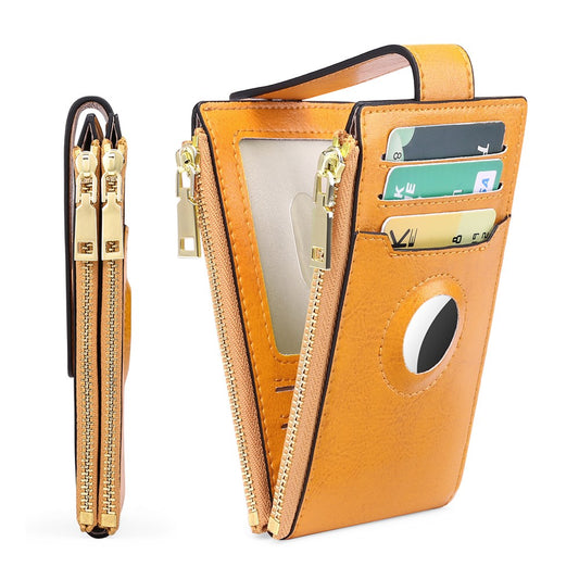 Womens RFID Blocking Wallet with AirTag Slot Bifold Credit Card Holder Yellow