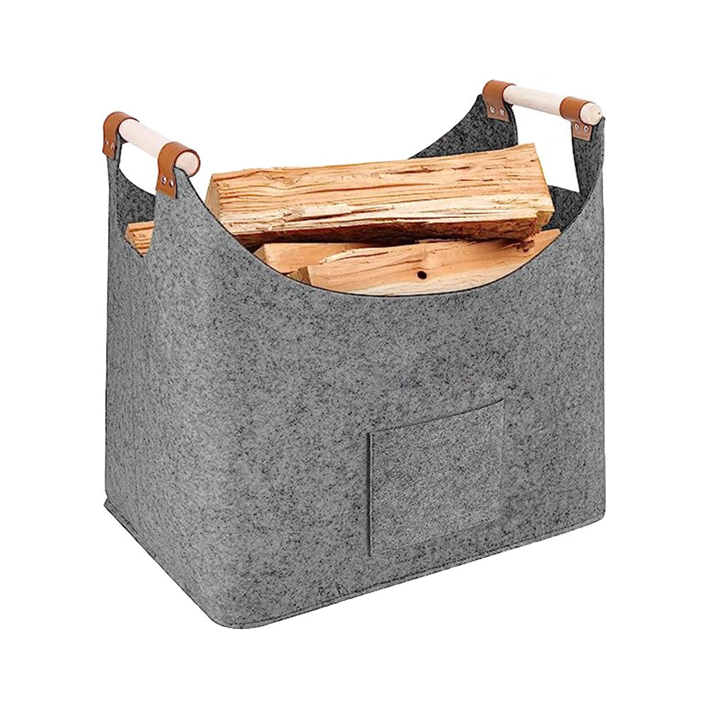 Felt Firewood Basket with Reinforced Handle Foldable Felt Storage Bag Light Grey