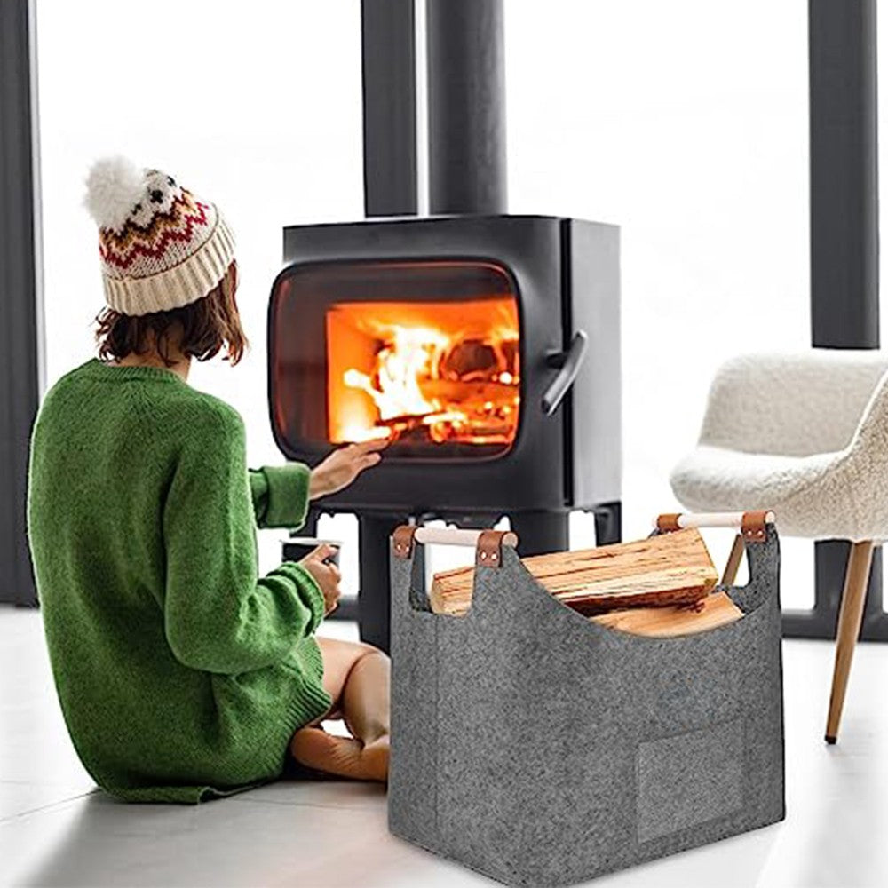 Felt Firewood Basket with Reinforced Handle Foldable Felt Storage Bag Light Grey