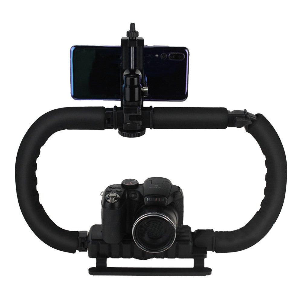 1 X Handheld Video Stabilizer Rig Handle Grip with Phone Holder and Triple Hot Shoe Mount