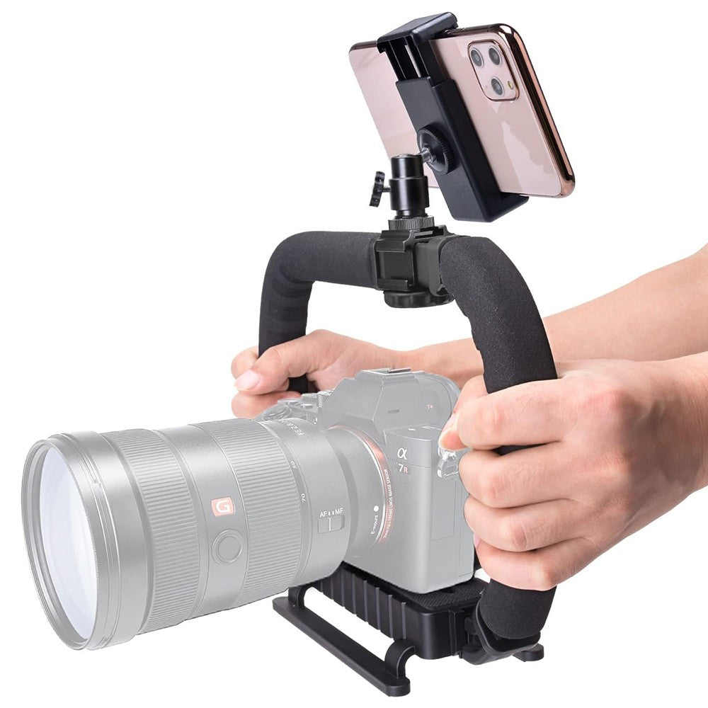 1 X Handheld Video Stabilizer Rig Handle Grip with Phone Holder and Triple Hot Shoe Mount