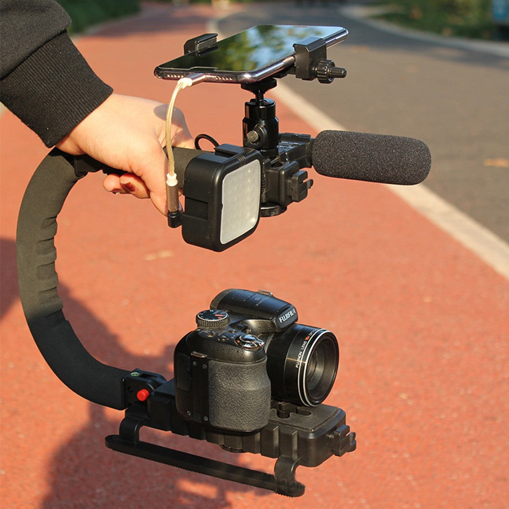 1 X Handheld Video Stabilizer Rig Handle Grip with Phone Holder and Triple Hot Shoe Mount