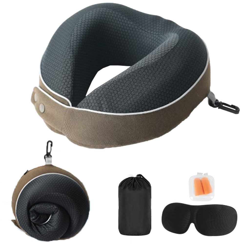 Travel Neck Pillow Memory Foam Neck Support Pillow with Eye Mask Earplugs Coffee