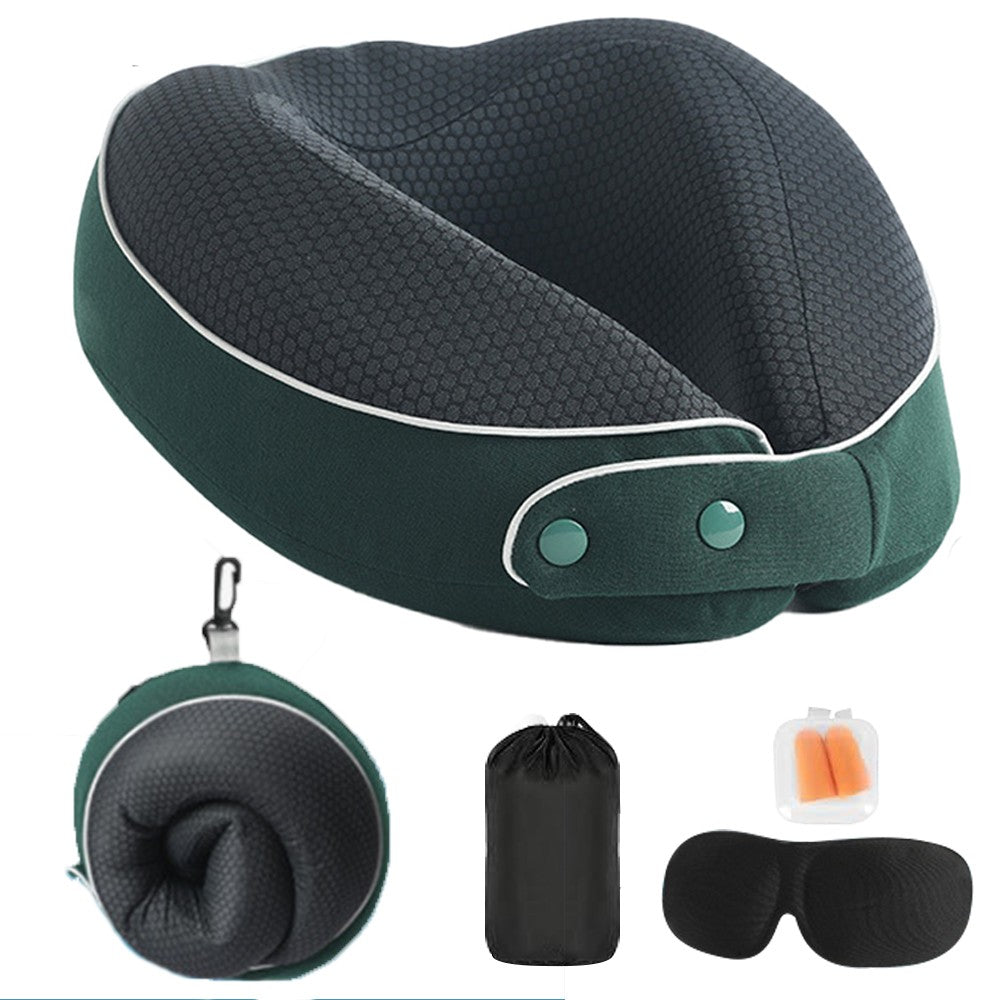 Travel Neck Pillow Memory Foam Neck Support Pillow with Eye Mask Earplugs Green