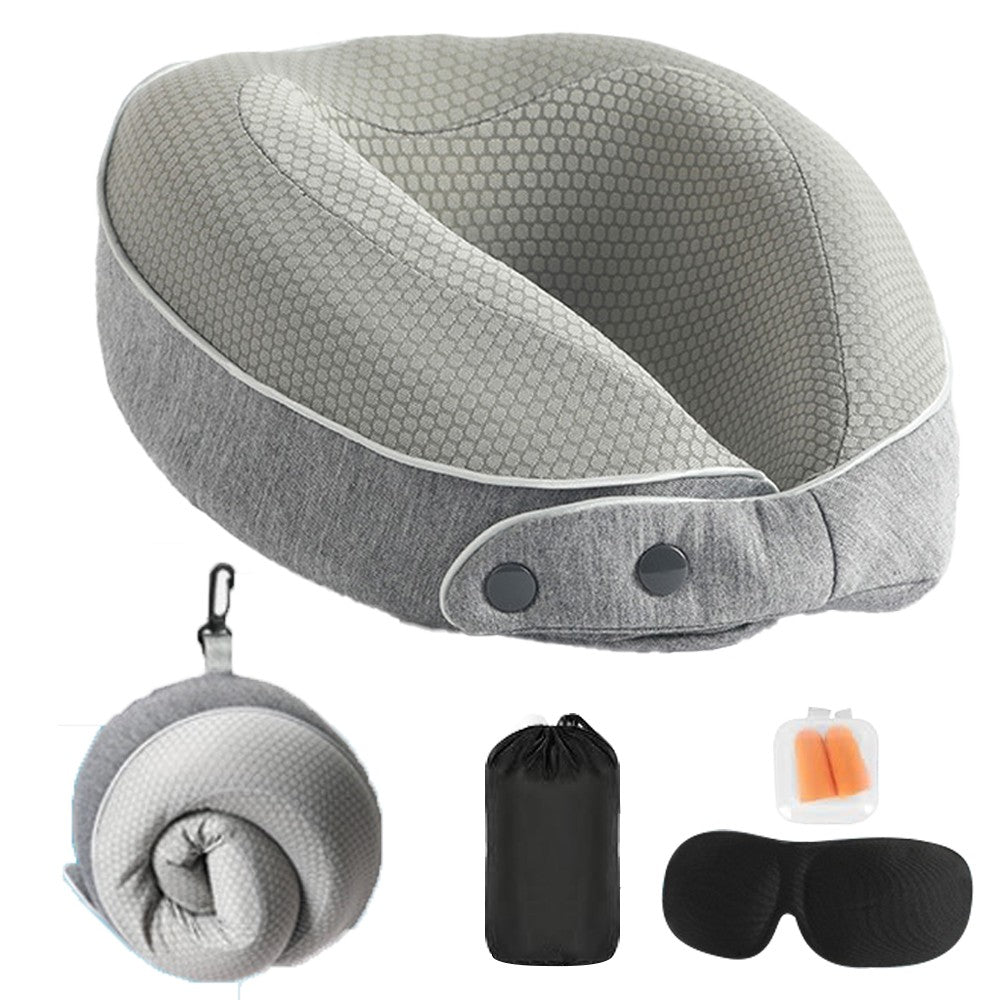 Travel Neck Pillow Memory Foam Neck Support Pillow with Eye Mask Earplugs Grey
