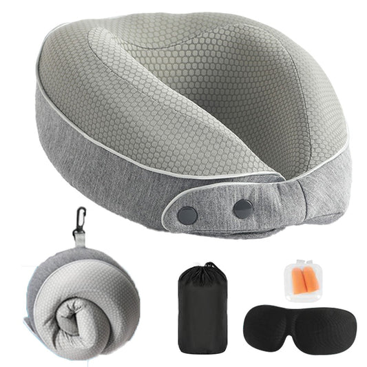 Travel Neck Pillow Memory Foam Neck Support Pillow with Eye Mask Earplugs Grey