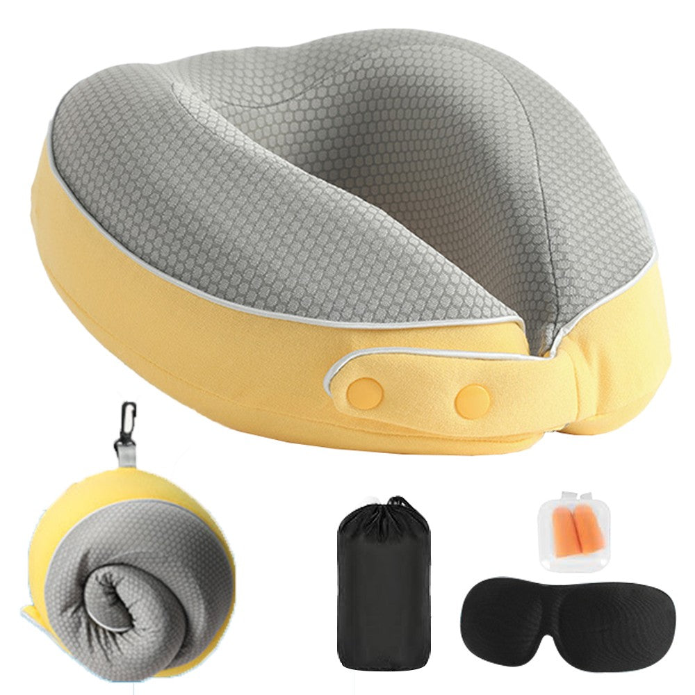 Travel Neck Pillow Memory Foam Neck Support Pillow with Eye Mask Earplugs Yellow