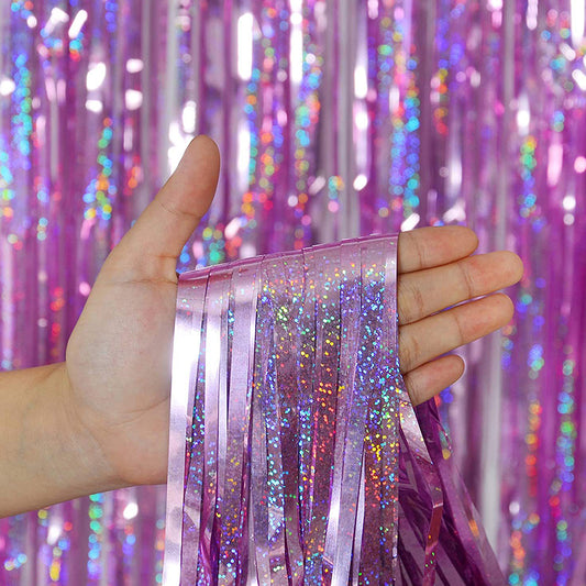 2Pcs Metallic Fringe Tinsel Curtain Pink Backdrop Door Streamers Party Decorations