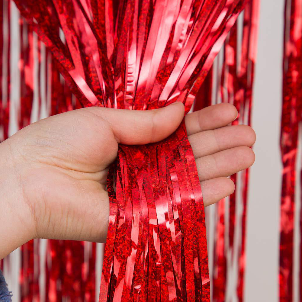 2Pcs Metallic Fringe Tinsel Curtain Red Backdrop Door Streamers Party Decorations