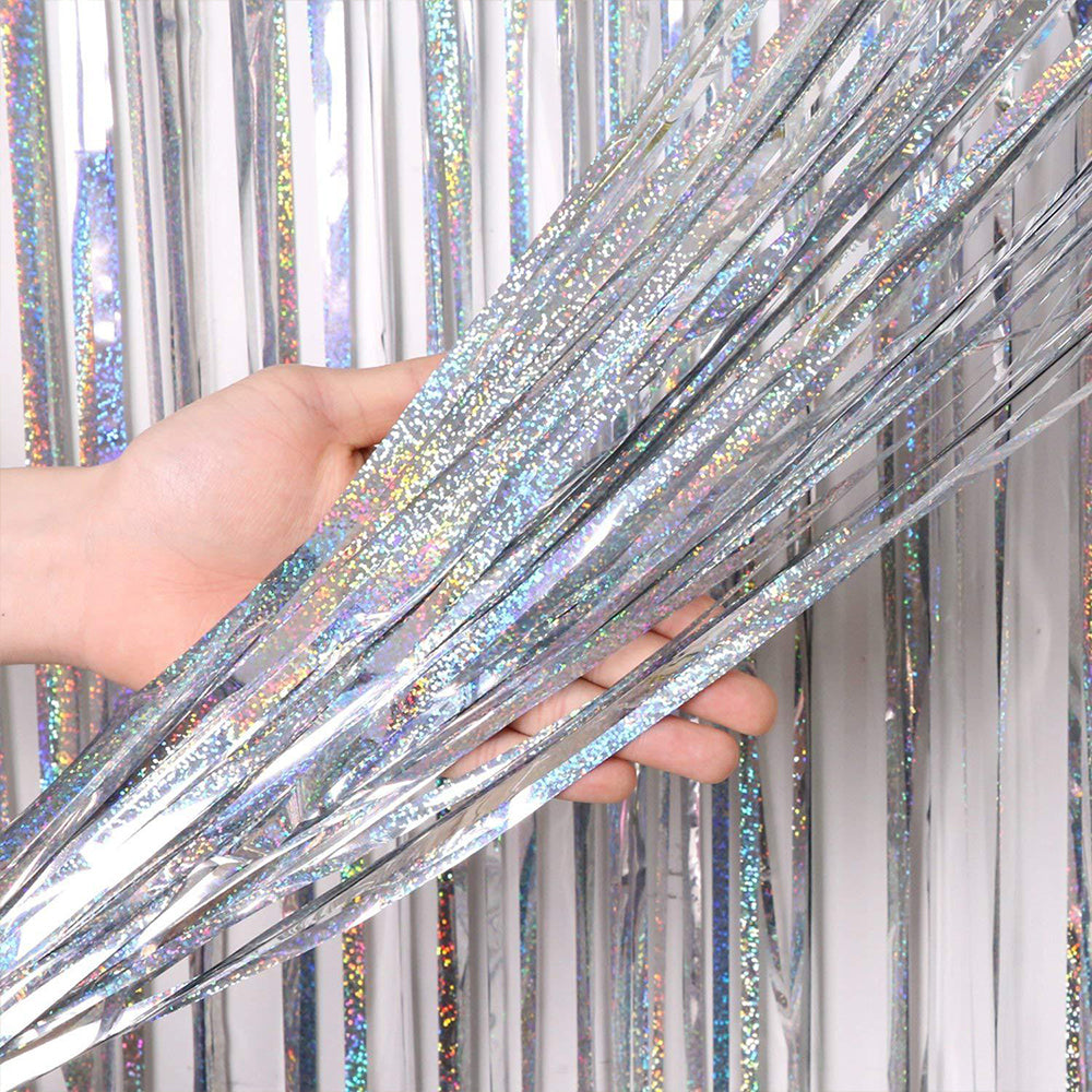 2Pcs Metallic Fringe Tinsel Curtain Silver Backdrop Door Streamers Party Decorations