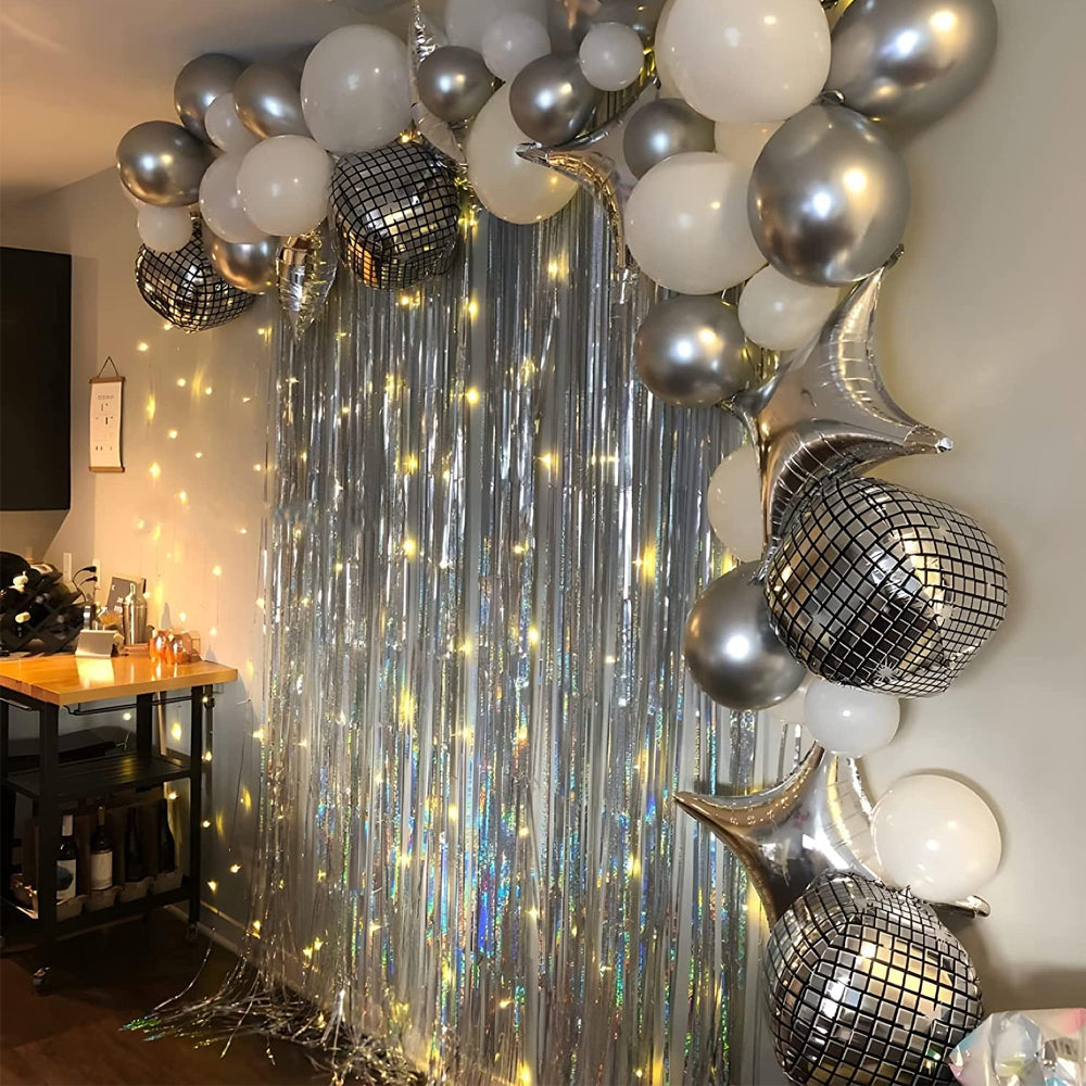 2Pcs Metallic Fringe Tinsel Curtain Silver Backdrop Door Streamers Party Decorations