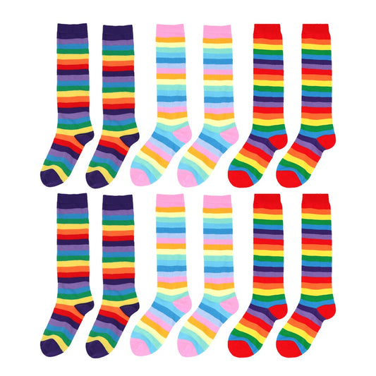 6 Pairs of Womens Rainbow Knee Socks Colorful Striped High Socks Stockings
