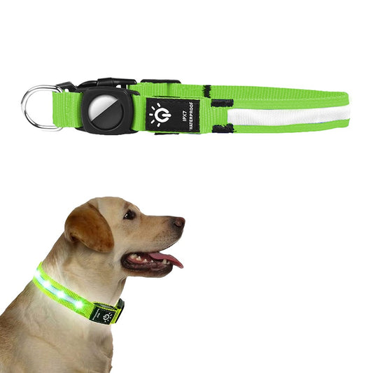 LED Pet Collar Light-up Rechargeable Dog Collar with Protective Case for AirTag Green M