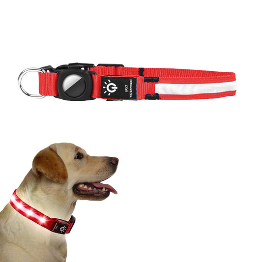 LED Pet Collar Light-up Rechargeable Dog Collar with Protective Case for AirTag Red L