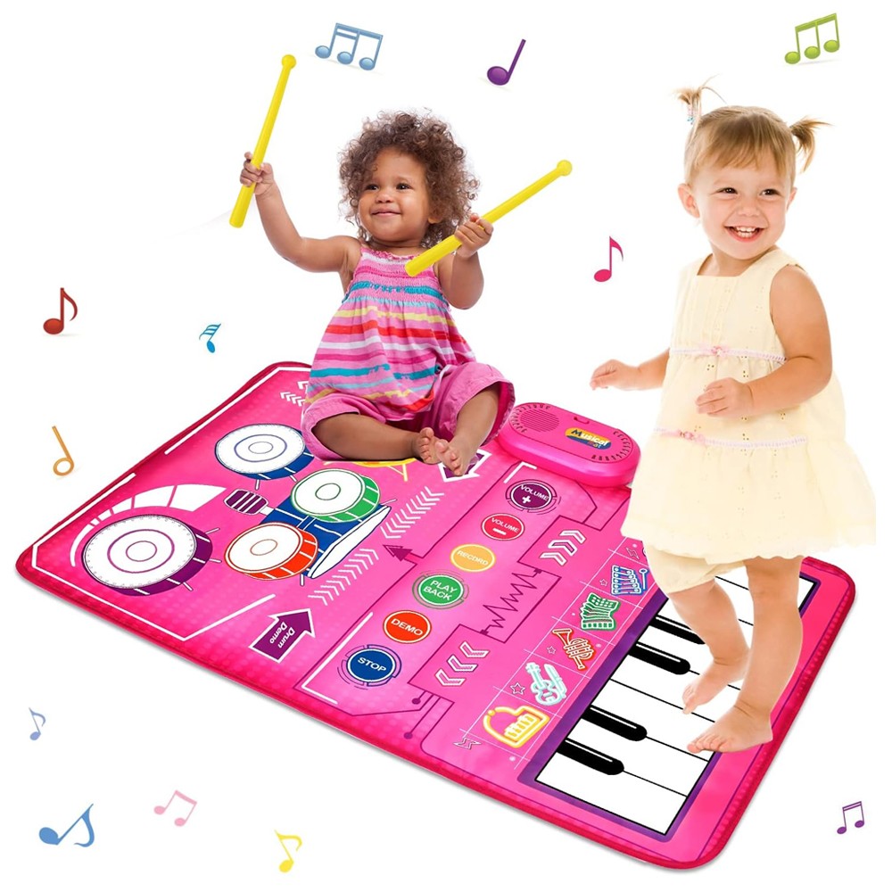 2-in-1 Kids Music Mat Piano and Drum Set Playmat Toddler Early Educational Music Toy Pink
