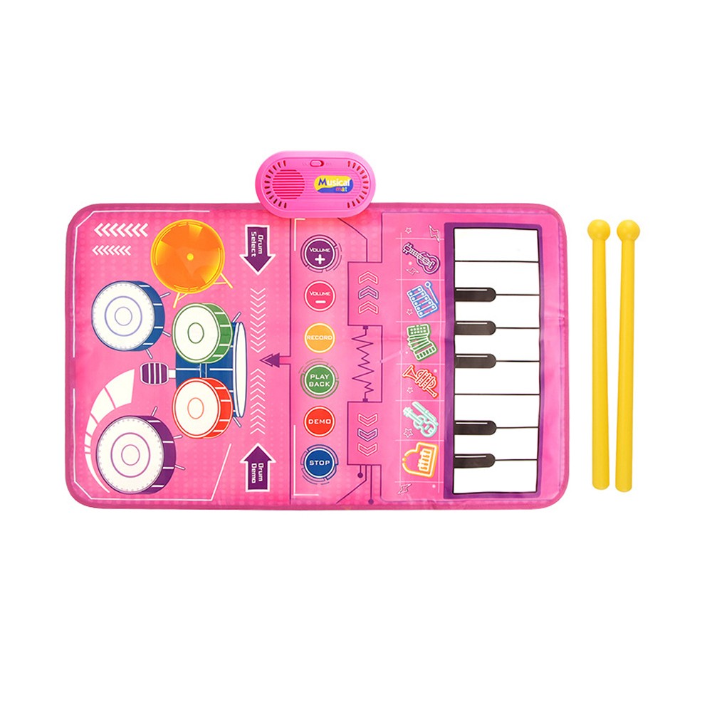 2-in-1 Kids Music Mat Piano and Drum Set Playmat Toddler Early Educational Music Toy Pink