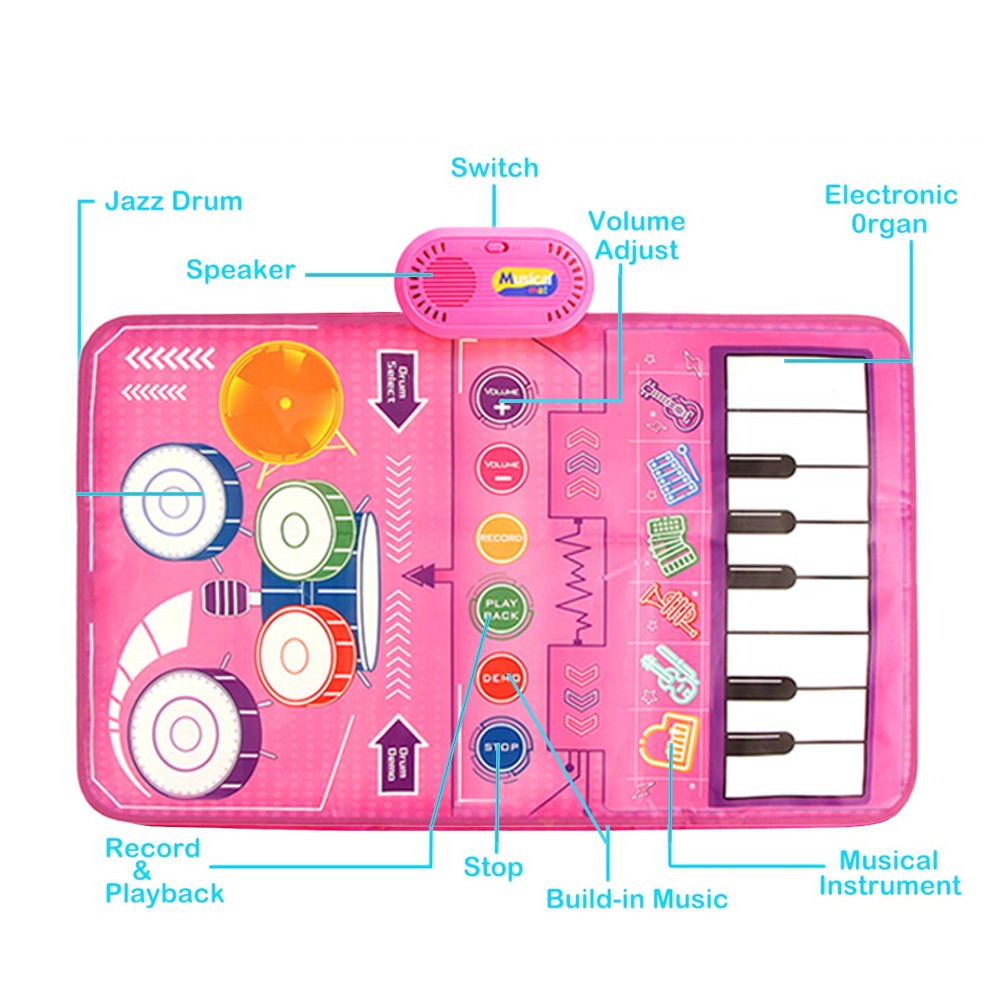 2-in-1 Kids Music Mat Piano and Drum Set Playmat Toddler Early Educational Music Toy Pink
