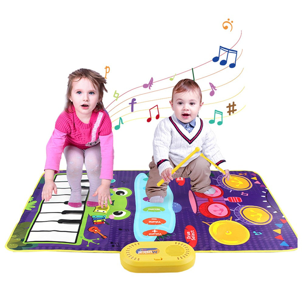2-in-1 Kids Music Mat Piano and Drum Set Playmat Toddler Early Educational Music Toy Purple