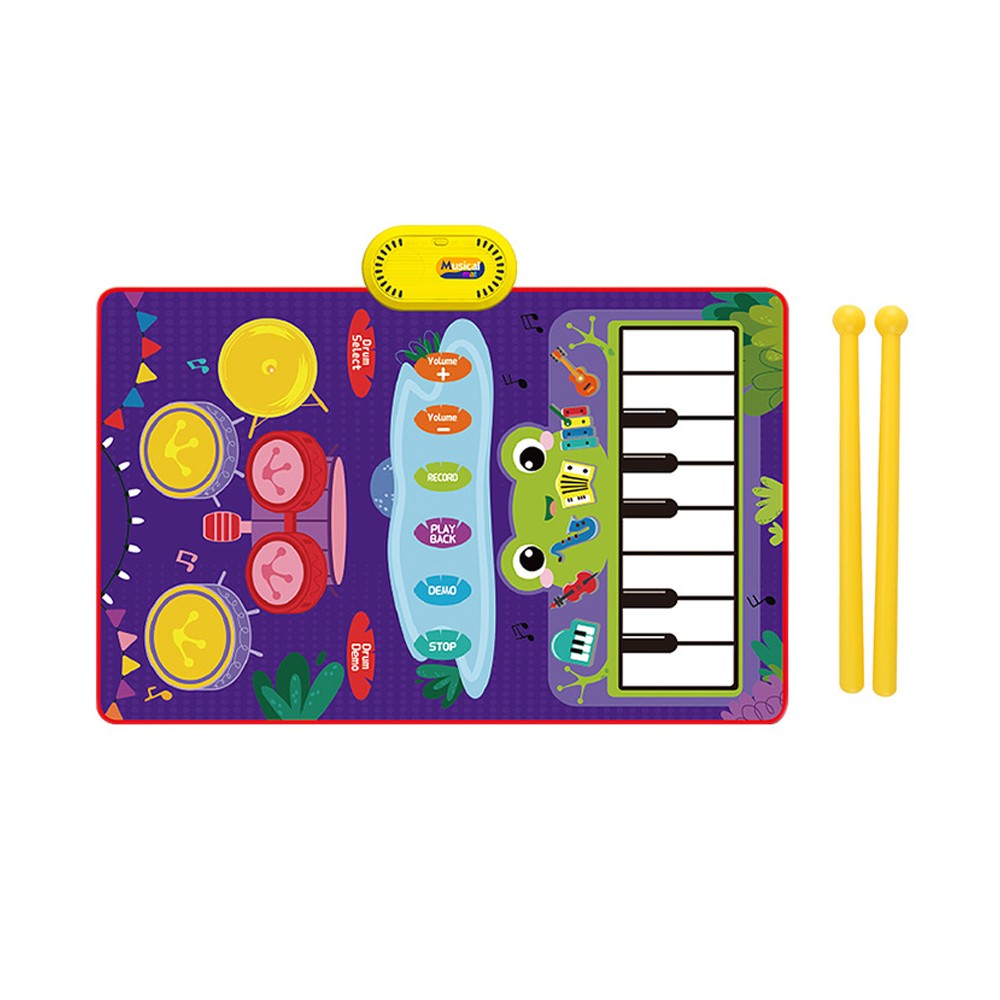 2-in-1 Kids Music Mat Piano and Drum Set Playmat Toddler Early Educational Music Toy Purple