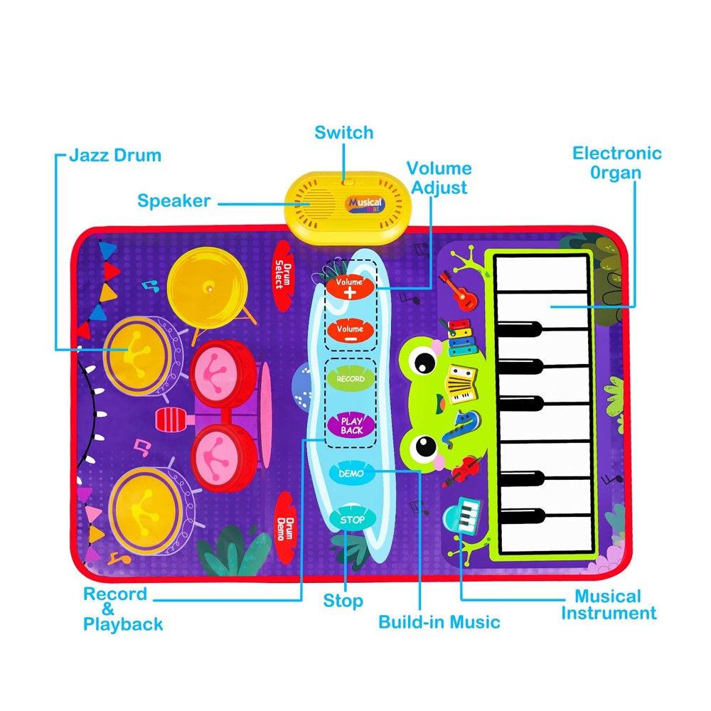 2-in-1 Kids Music Mat Piano and Drum Set Playmat Toddler Early Educational Music Toy Purple