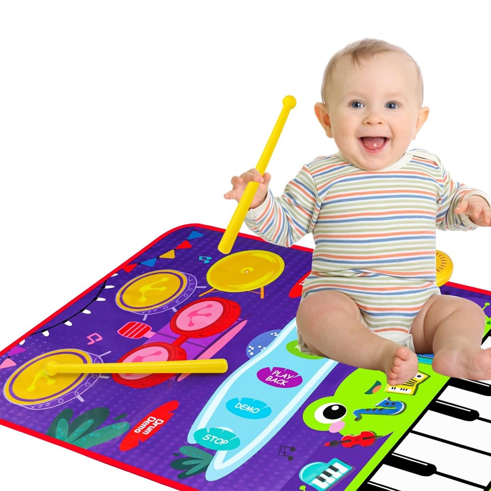 2-in-1 Kids Music Mat Piano and Drum Set Playmat Toddler Early Educational Music Toy Purple