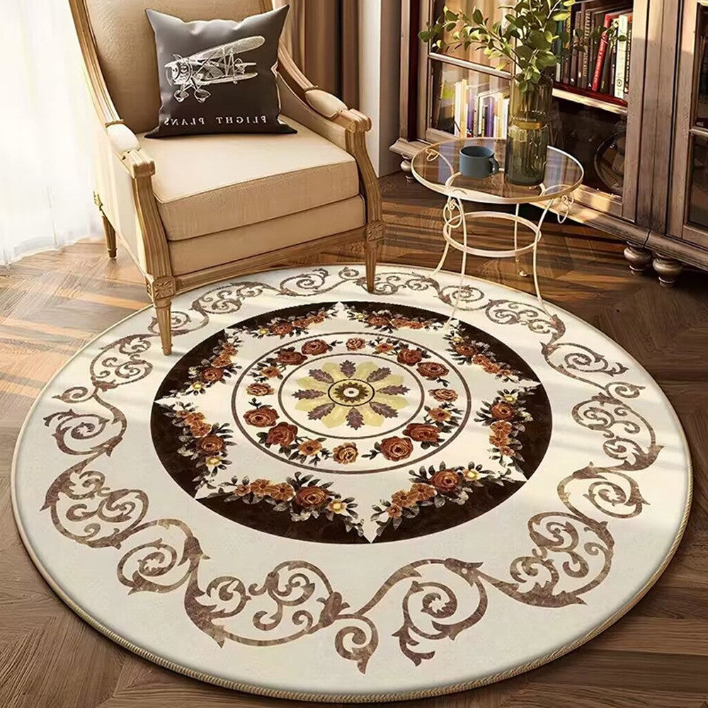 80cm Round Retro Print Floor Mat Home Room Anti-slip Carpet Home Decoration - Style 4