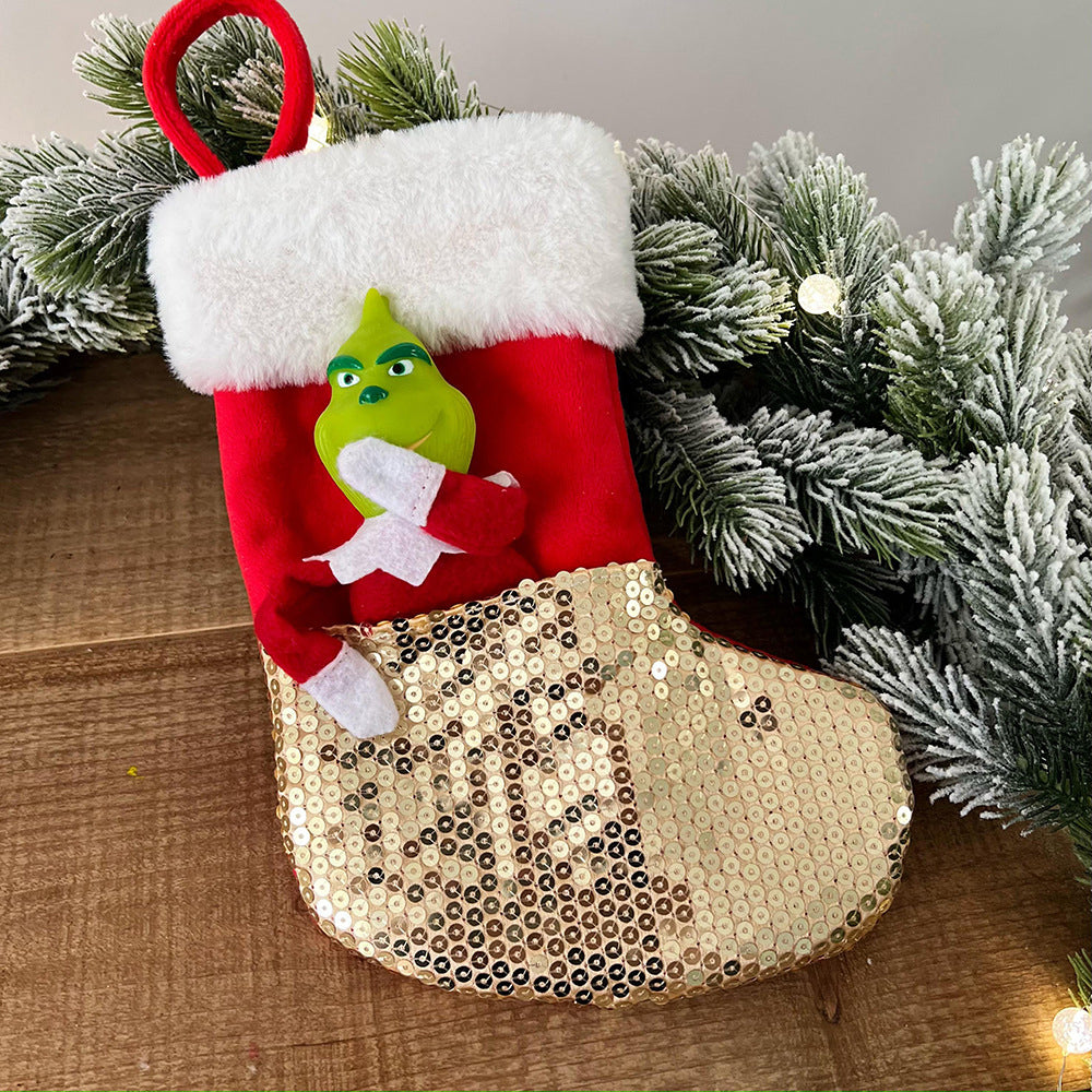 Sequin Green Monster Christmas Stocking Xmas Tree Pendant Xmas Decoration Gold