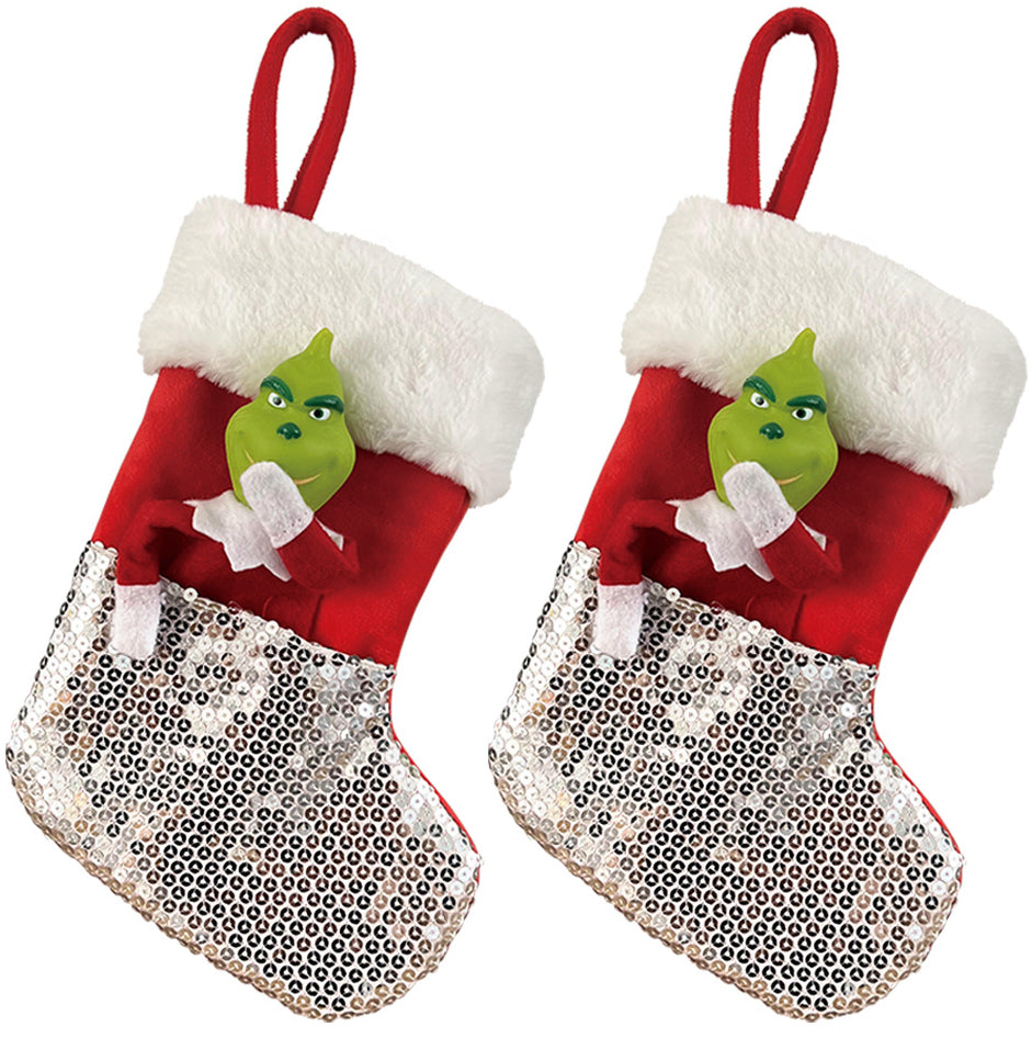 Sequin Green Monster Christmas Stocking Xmas Tree Pendant Xmas Decoration Silver