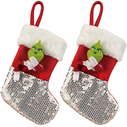 Sequin Green Monster Christmas Stocking Xmas Tree Pendant Xmas Decoration Silver