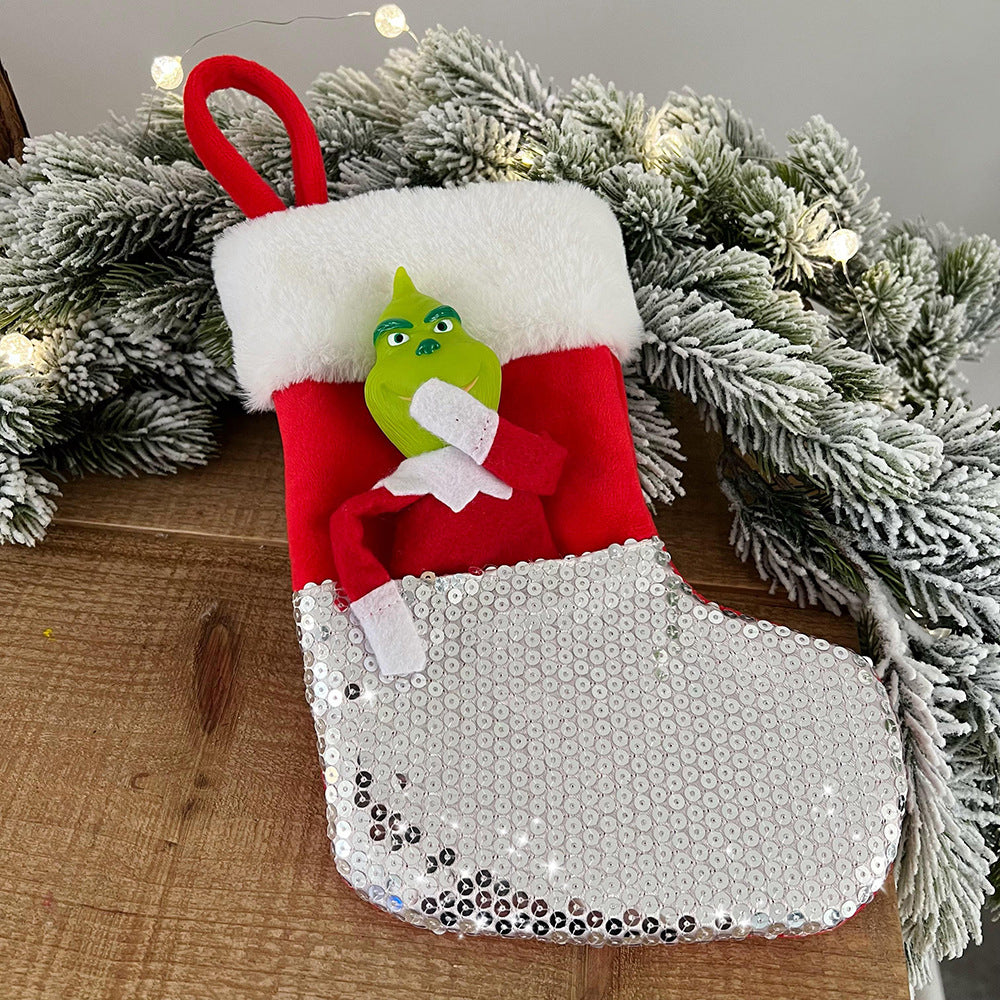 Sequin Green Monster Christmas Stocking Xmas Tree Pendant Xmas Decoration Silver