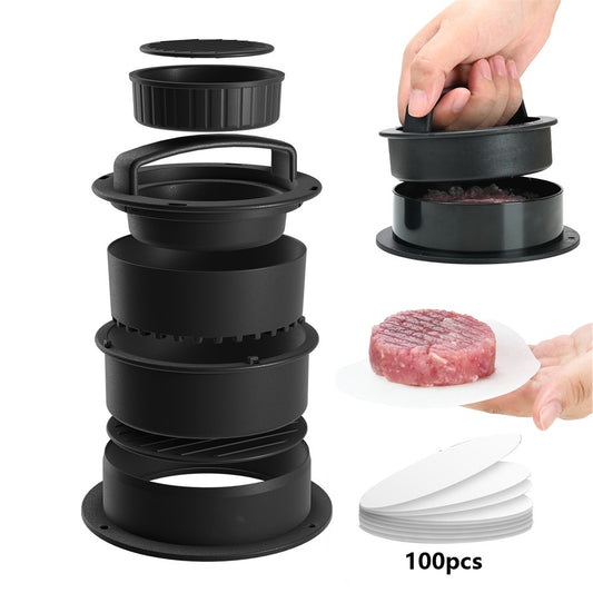 1 X 4-in-1 Burger Press Hamburger Patty Maker Mold Set with 100 Baking Paper