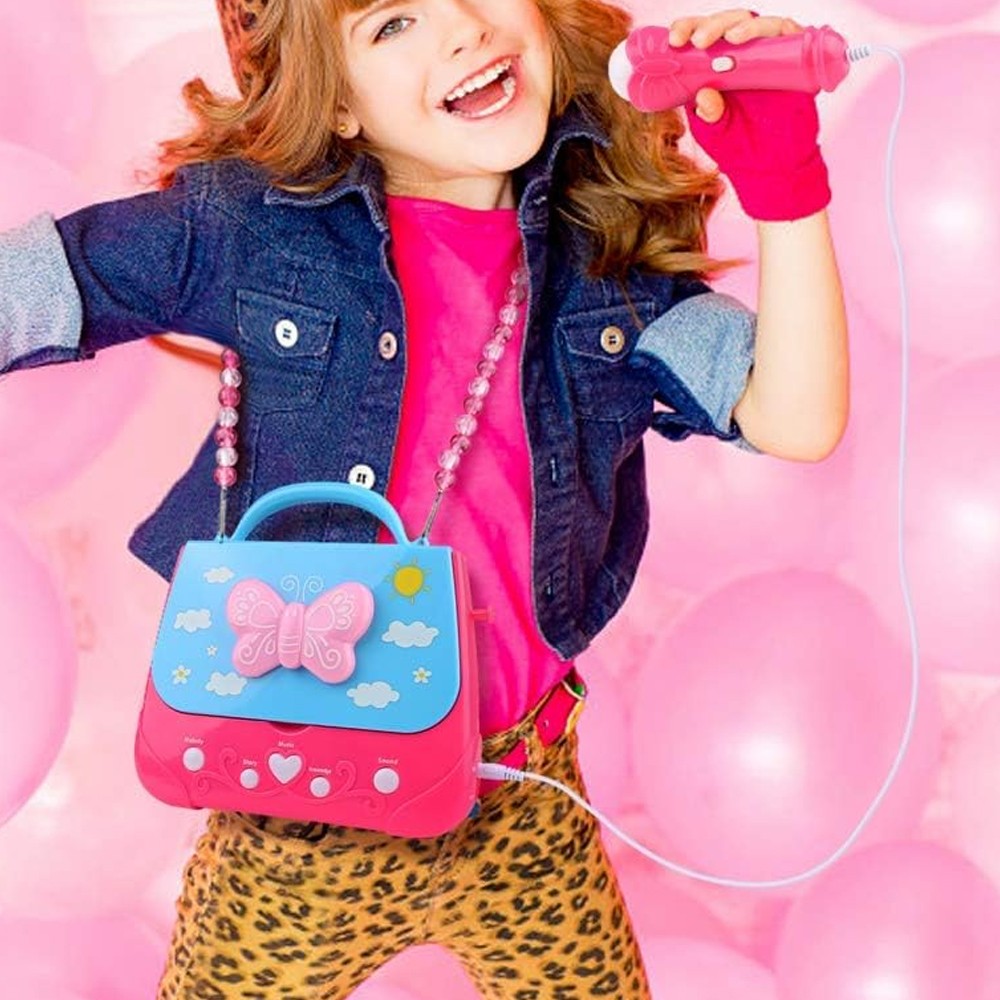 Portable Kids Karaoke Machine Battery Powered Music Player Toy Bag with Microphone Blue